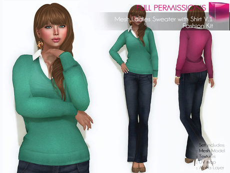 Full Perm Rigged Mesh Ladies V-neck Sweater with Shirt V.1 – Fashion Kit