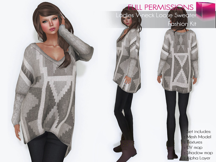 Full Perm Rigged Mesh Ladies Loose V-neck Sweater – Fashion Kit