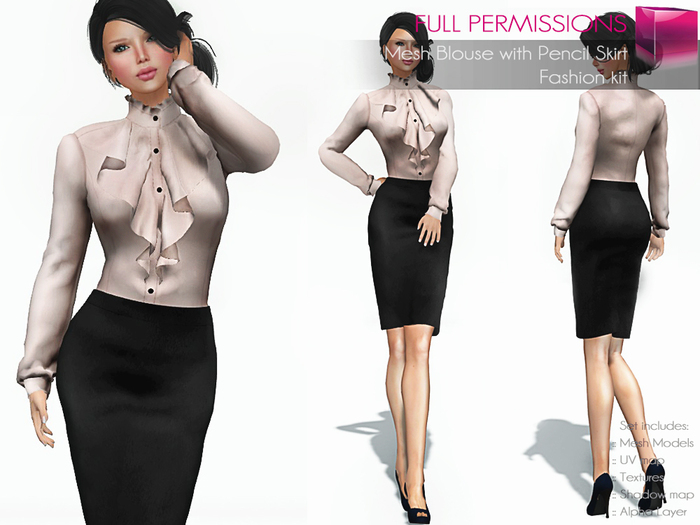 Full Perm Rigged Mesh Ladies Blouse with Pencil Skirt – Fashion Kit