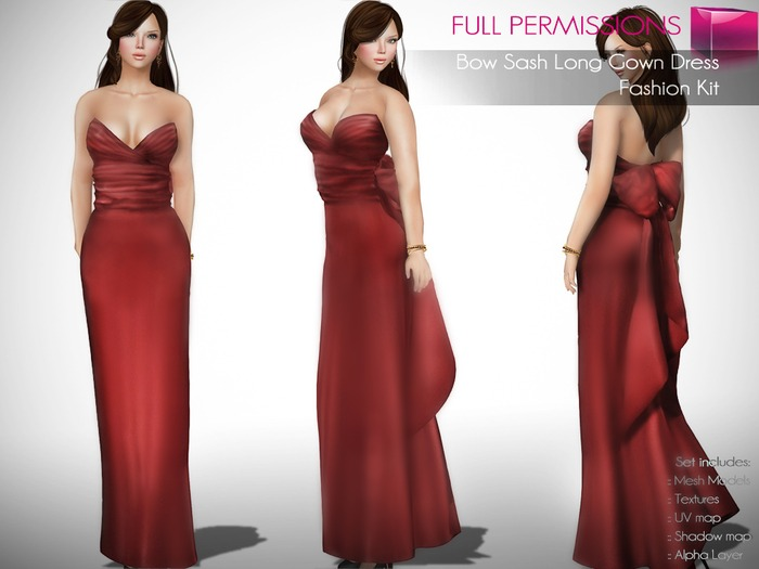 Full Perm Rigged Mesh Bow Sash Long Gown Dress – Fashion Kit