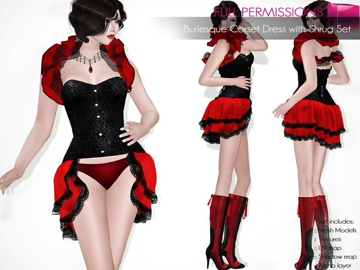 My Facebook Page Followers Choice Free July Gift!!! Full Perm Rigged Mesh Burlesque Corset Dress with Shrug Set