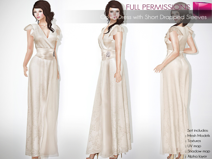 Full Perm Rigged Mesh Gown Dress with draped short sleeves