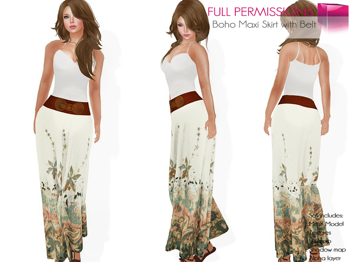 Full Perm Rigged Mesh Boho Maxi Skirt with Belt