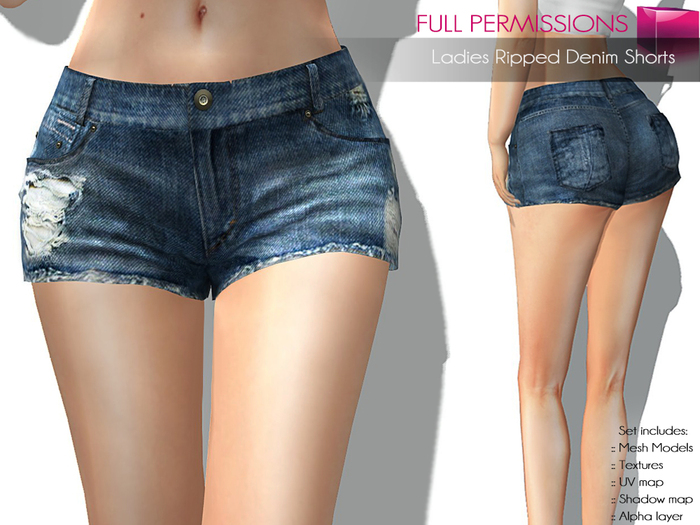 Full Perm Rigged Mesh Ladies Ripped Denim Shorts