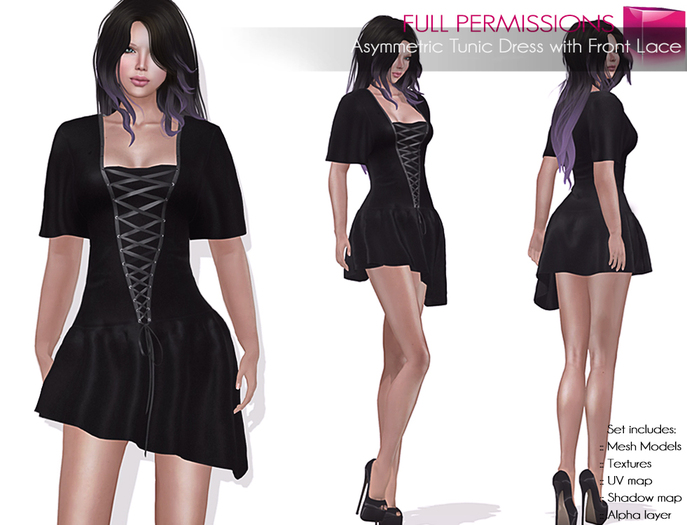 Full Perm Rigged Mesh Asymmetric Tunic Dress with Front Lace