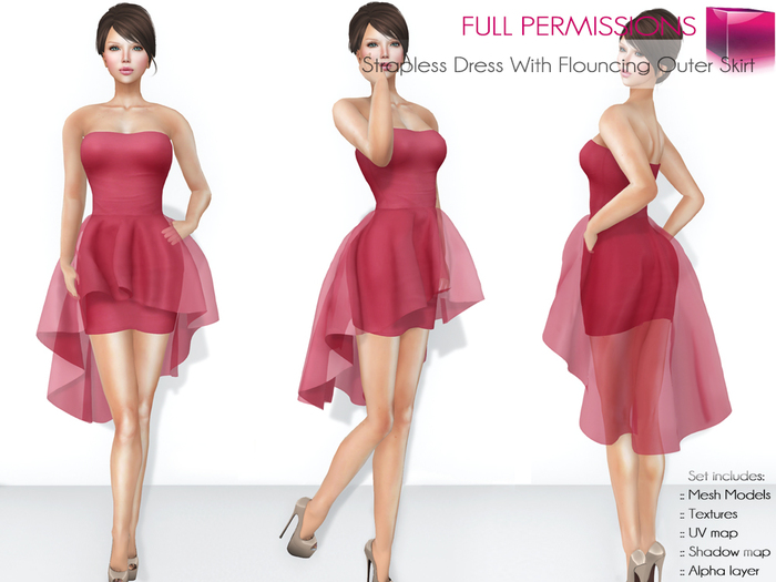 Full Perm Rigged Mesh Strapless Dress With Flouncing Outer Skirt