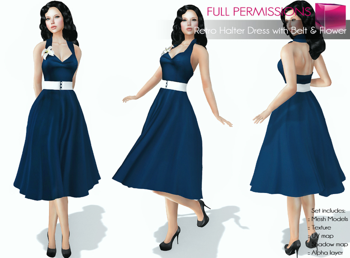 Full Perm Rigged Mesh Retro Halter Dress with belt and Flower
