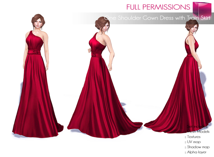Full Perm Rigged Mesh One Shoulder Gown Dress with Train Skirt