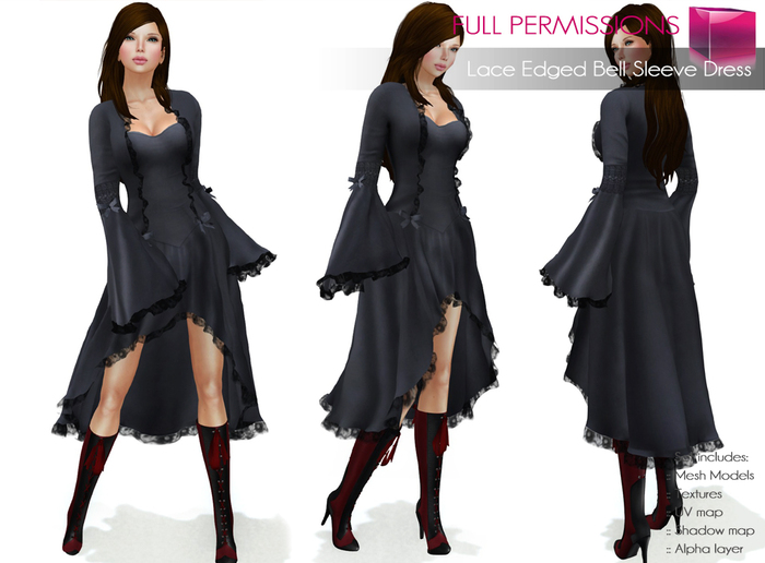 Full Perm Rigged Mesh Lace Edged Bell Sleeve Dress