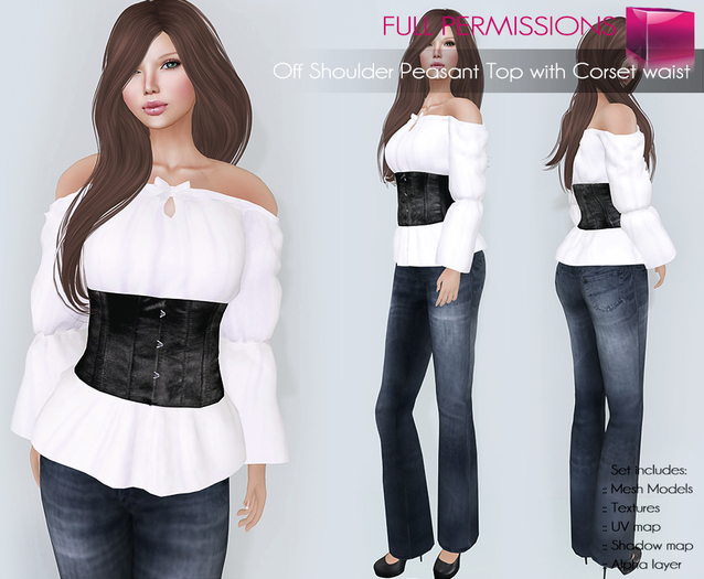 Full Perm Rigged Mesh Off Shoulder Peasant Top with Corset Waist