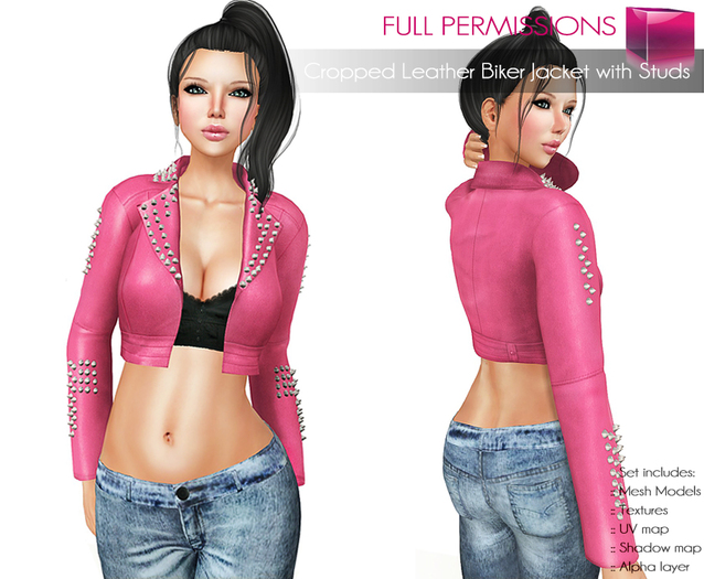 Free November Gift!!! Full Perm Rigged Mesh Cropped Leather Biker Jacket with Studs