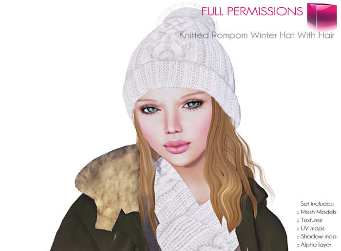 Full Perm Mesh Knitted Pompom Winter Hat With Hair