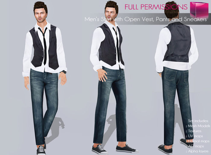 Full Perm Mesh Outfit Set – Men’s Shirt with Open Vest, Pants and Sneakers