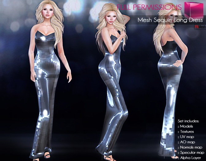 Full Perm Fitmesh and Rigged Mesh Metallic Sequin Long Dress