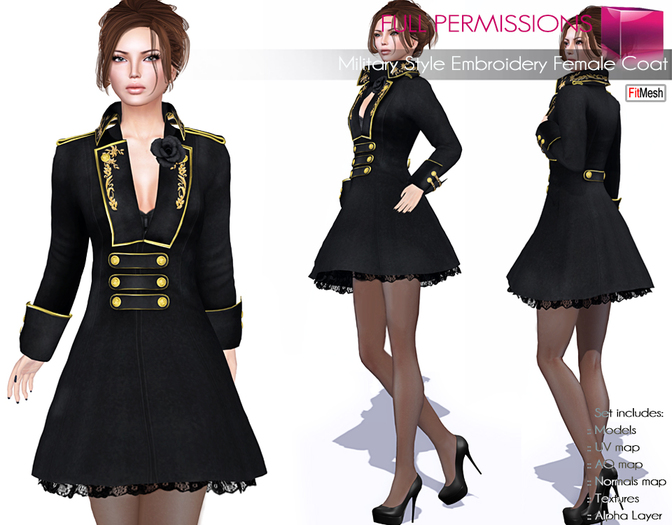 Full Perm Fitmesh and Rigged Mesh Military Style Embroidery Female Coat