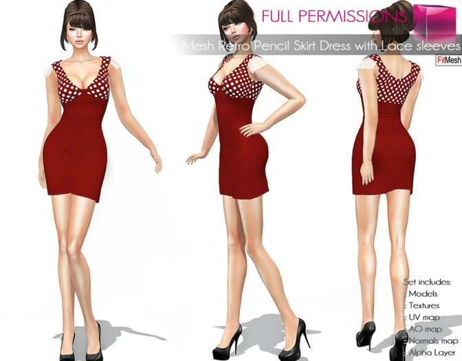 Full Perm Fitmesh and Rigged Mesh Retro Pencil Skirt Dress with Lace Sleeves