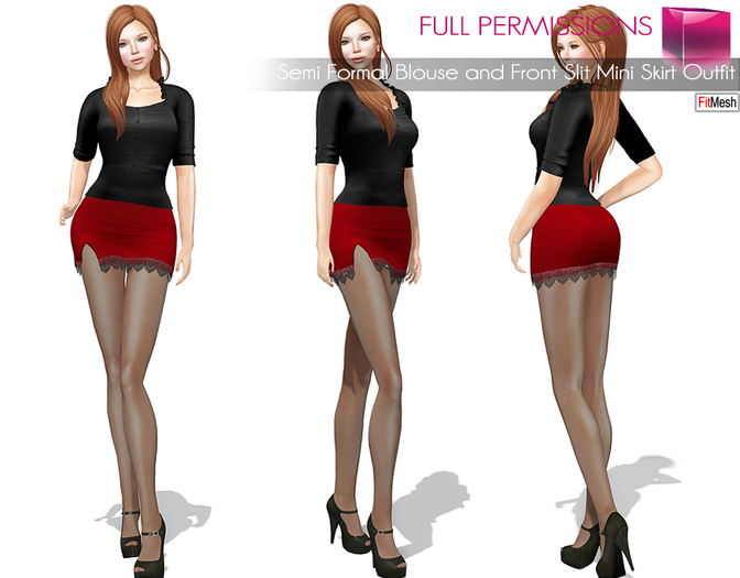Full Perm Fitmesh and Rigged Mesh Semi Formal Blouse And Front Right Leg Slit Mini Skirt Outfit