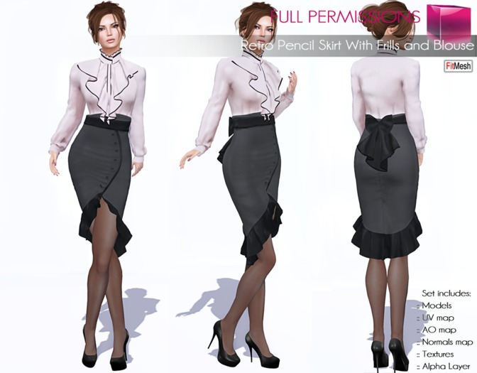 Full Perm Fitmesh and Rigged Mesh Retro Pencil Skirt With Frills and Blouse