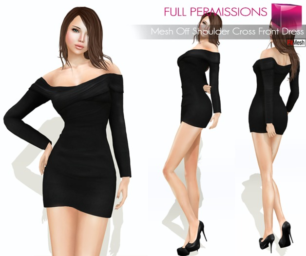Full Perm Fitmesh and Rigged Mesh Off Shoulder Cross Front Dress