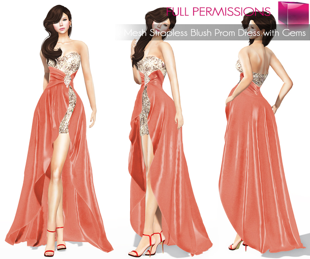 Full Perm Rigged Mesh Strapless Blush Prom Dress with gems