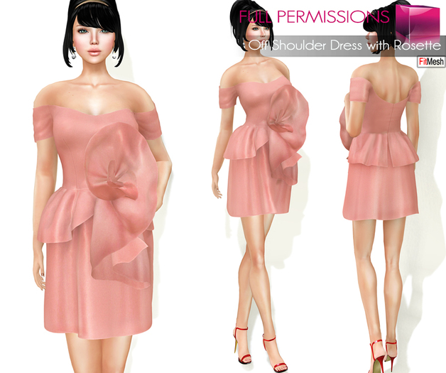 Full Perm Fitmesh and Rigged Mesh Off Shoulder Dress with Rosette