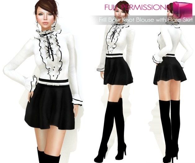Full Perm Fitmesh and Rigged Mesh Frill Bow Knot Blouse with Flare Skirt