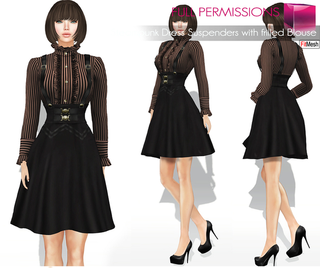 Full Perm Fitmesh and Rigged Mesh Steampunk Dress Suspenders with frilled Blouse