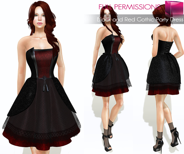 Full Perm Rigged Mesh Black and Red Gothic Party Dress
