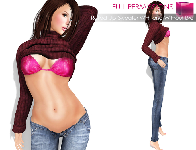 MI Rigged Mesh Rolled Up Sweater With and Without Bra