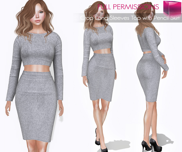 Weekend Sale! Hurry only 100L$! Meli Imako Full Perm Mesh Crop Long Sleeves Top with Pencil Skirt