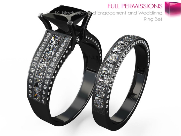 Meli Imako Full Perm Black Diamond Engagement and Weddinng Ring Set