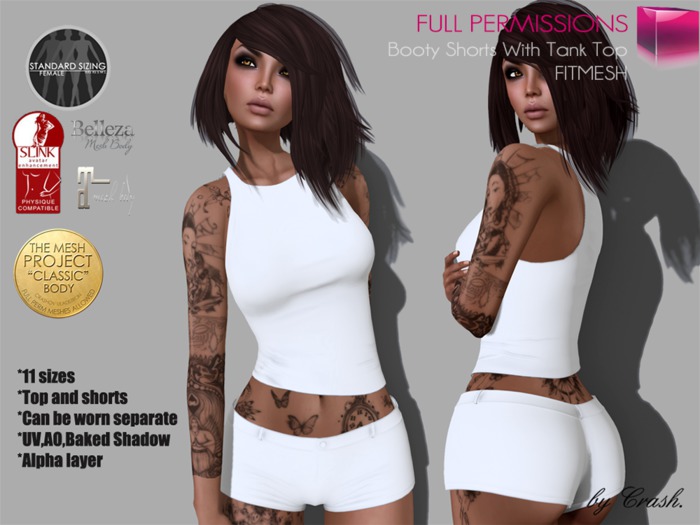 Full Perm MI Booty Shorts With Tank Top Fitted Mesh, Slink Physique, Maitreya, Belleza, Slink Hourglass, TMP