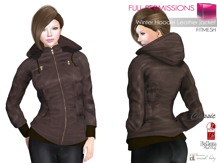 Full Perm MI Winter Hoodie Leather Jacket FITMESH+Classic Rig Compatible With Maitreya Slink Belleza and SL Avatar