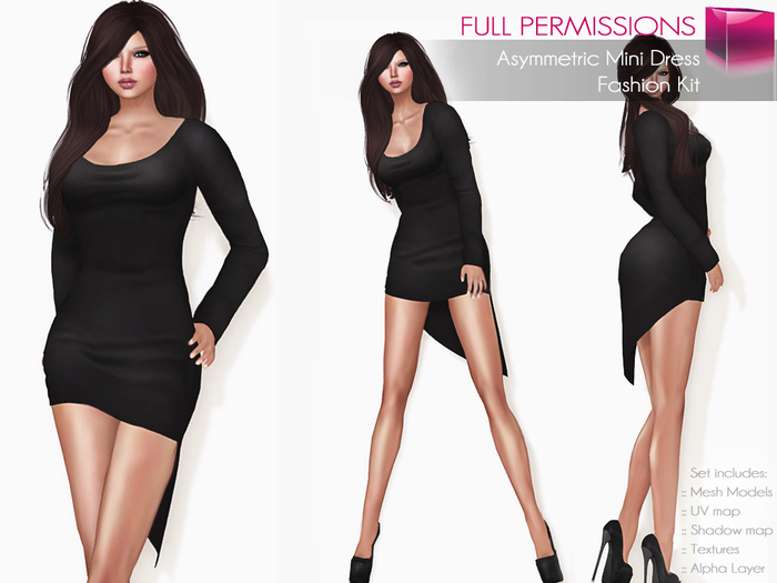 Full Perm Rigged Mesh Asymmetric Long Sleeve Mini Dress – Fashion Kit