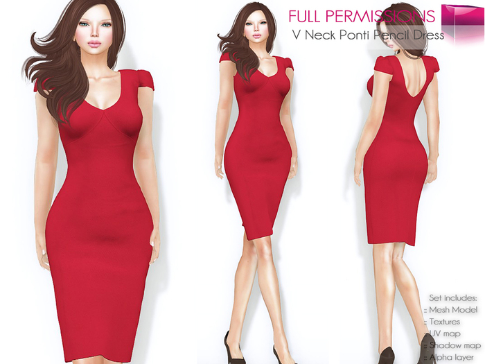 Full Perm Rigged Mesh V Neck Ponti Pencil Career Dress