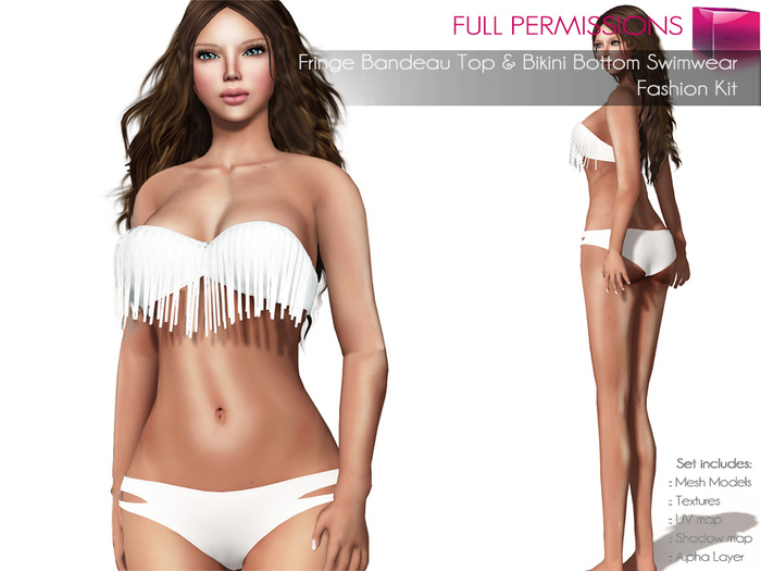 Full Perm Rigged Mesh Fringe Bandeau Top and Bikini Swimwear